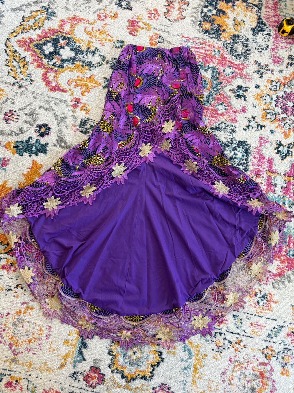 Ankara African Wax Print Hi Low Lace Trim Skirt Stretch Embroidered Lined Purple